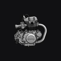A detailed grayscale illustration showcases a Honda motorcycle engine, highlighting its intricate mechanical components. vector