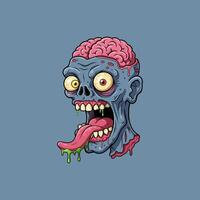 A cartoon illustration depicts a zombie head with its brain exposed, tongue hanging out, and green slime dripping. vector