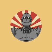 A retro-style illustration of the Iron Giant robot character, set against a sunburst background. vector