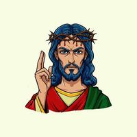 A stylized depiction of Jesus Christ wearing a crown of thorns, blood dripping from his head, raising one hand in a gesture of blessing or command. vector