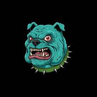 A stylized illustration of an angry turquoise bulldog wearing a spiked collar its mouth open in a menacing snarl. vector