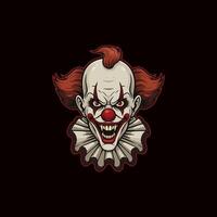 A menacing illustration of an evil clowns face with sharp teeth and red hair against a black background. vector