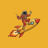 A cheerful astronaut rides a rocket through space, holding a radio and pointing upward. vector
