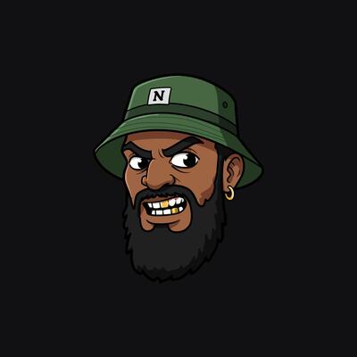 A stylized cartoon illustration depicts the head and shoulders of a scowling bearded man in a green bucket hat, showcasing gold teeth and an earring.