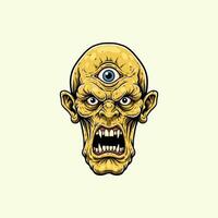 The image showcases a detailed illustration of a yellow monster's head with three eyes and sharp teeth, conveying a sense of aggression and terror. vector