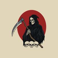 A stylized grim reaper figure holds a scythe and stands over three skulls against a red circular background. vector