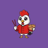 A cute cartoon rooster chef is depicted holding chopsticks and a box of food, possibly in an Asian culinary setting. vector