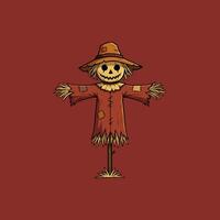 A cartoon scarecrow with a wide smile is depicted standing in a field, its straw arms outstretched. vector