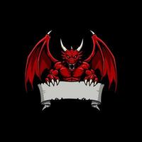 A powerful red dragon with large wings holds a blank banner ideal for a logo or game design. vector