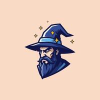 The image depicts a stylized illustration of a stern faced wizard wearing a blue hat and a long beard. vector