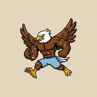 A powerful cartoon eagle mascot, depicted with muscular physique, runs while carrying a football. vector