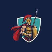 A powerful illustration depicts a Spartan warrior in golden armor holding a spear and shield within a crest. vector