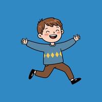 A cheerful cartoon boy is depicted joyfully running and playfully leaping across a bright blue backdrop. vector