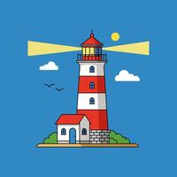 A stylized illustration depicts a red and white striped lighthouse on a small island next to a keeper's house, with a bright beam of light. vector