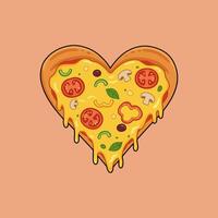 A heart-shaped pizza with melted cheese and various toppings is depicted in a cartoon style. vector