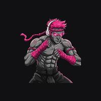 A digital illustration depicts a muscular Muay Thai fighter with pink accents and headphones, ready for combat. vector