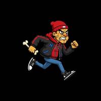 An angry cartoon man in streetwear runs swiftly while holding a bone, showcasing a dynamic and rebellious attitude. vector