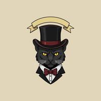 A stylized illustration depicts a black cat dressed in formal attire a top hat and bow tie creating a sophisticated and whimsical image. vector