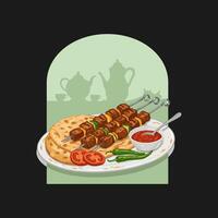 A plate of grilled meat skewers accompanied by flatbread, sliced tomatoes, chili peppers, and a side of red sauce. vector