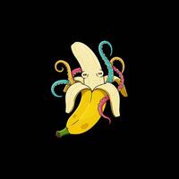 A stylized illustration depicts a cartoon banana with a multicolored octopus emerging from its peel. vector