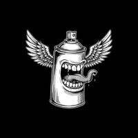 A stylized illustration of a spray paint can with wings, a wide open mouth, and a long tongue, depicted in a black and white graphic style. vector