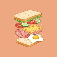 A cartoon illustration shows the components of a breakfast sandwich separated and floating, highlighting the ingredients. vector