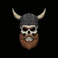 A graphic illustration depicts a skull with a long beard wearing a horned Viking helmet against a black background. vector