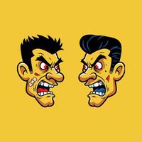 The image shows two cartoon illustrations of angry men's heads facing each other, seemingly about to fight. vector