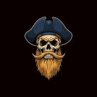 The image depicts a skull with a long ginger beard and mustache wearing a tricorn pirate hat against a black background. vector