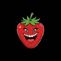 A cartoon illustration of a strawberry with a large, expressive, happy smile. vector