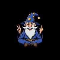 A cartoon wizard meditates while winking and displaying both peace and middle finger gestures. vector