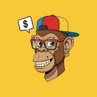 A cartoon illustration of a smiling monkey, wearing glasses, a colorful hat and earrings, suggesting wealth. vector