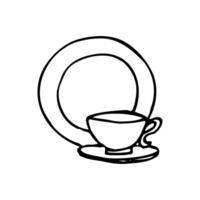 cup on a saucer against the background of a vertical plate - hand drawn line art vector