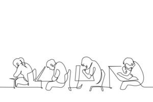 students sitting at desks in a row - one line art . concept exam, lesson vector