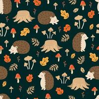 Seamless pattern with cute hedgehogs, mushrooms and leaves in the forest vector