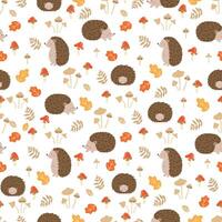 Seamless pattern with cute hedgehogs, mushrooms abd leaves. Children's pattern for clothes. vector
