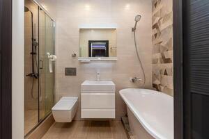 Simple bathroom interior in residential nice building, toilet design hotel apartment photo
