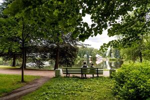 Green city park with nice walking path, trail next to decorative building, cloudy day photo