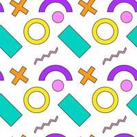 Vibrant seamless pattern featuring circles, crosses, rectangles, and zigzags in bold colors. vector