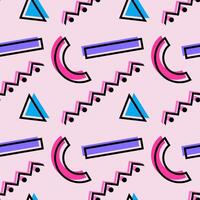 Seamless geometric pattern featuring vibrant pink and blue shapes, zigzag lines, triangles, and rectangles on a pastel pink background. vector
