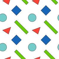 Seamless pattern featuring geometric shapes like triangles, circles, rectangles, and diamonds in vibrant colors on a white background. vector
