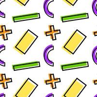 Seamless pattern with vibrant geometric shapes, including rectangles, crosses, and curves on a white background. vector