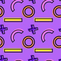 Bold seamless pattern with circles, arcs, crosses, and rectangles in bright colors on purple. vector
