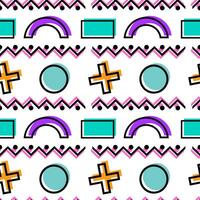 Seamless retro-inspired geometric pattern with vibrant shapes including circles, crosses, arches, and zigzag lines. vector