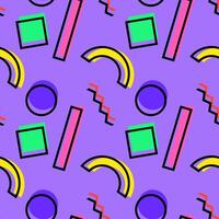 Seamless geometric pattern featuring colorful arcs, squares, circles, rectangles, and zigzag lines on a purple background. vector