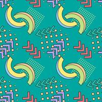 Seamless pattern with colorful abstract shapes, including arcs, arrows, circles, dots, and squares on a teal background. vector