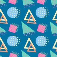 Seamless pattern featuring triangles, circles, squares, and polka dots in vibrant pastel colors on a blue background. vector