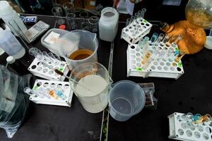 Scientist in laboratory pour smart liquid glass flask, assistant conduct an experiment photo