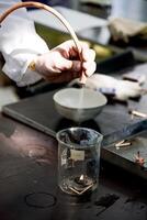 Scientist smart in laboratory pour liquid glass flask, assistant conduct an experiment photo