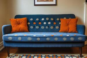 Blue Sofa With Orange Pillows And Dotted Pattern photo